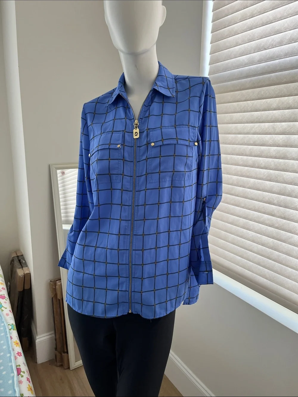 Michael Kors blue chain link windowpane blouse Zip-Front Size S